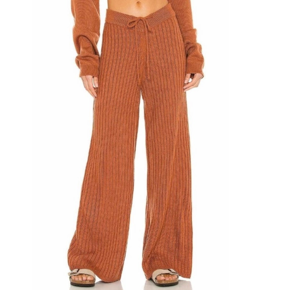 SNDYS Hendrix Ribbed Knit Drawstring Pants Burnt Orange Wide Leg Lounge Pants M - Picture 2 of 9